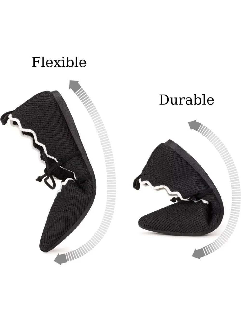 Women's Black Rubber Knitted Slip On Pointed Toe with Ruffled Vamp Elastic Flats